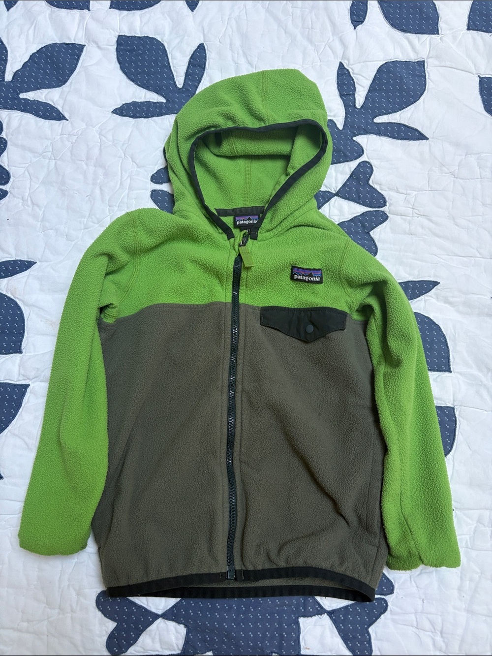 Patagonia Kids Lime Green and Olive Hooded Fleece Jacket